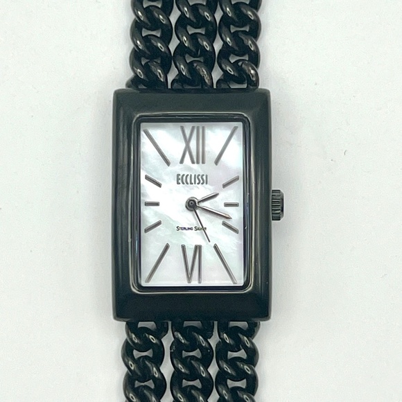 Vintage 90's Ecclissi Mother Pearl Sterling Silver Black Ladies Watch Working - Picture 6 of 10